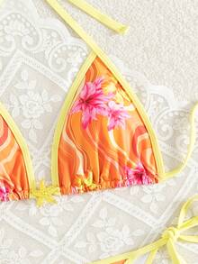 SHEIN Swim 女士夏季随意碎花细肩带褶边性感比基尼套装 - 彩色 - 查看 4