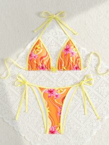 SHEIN Swim 女士夏季随意碎花细肩带褶边性感比基尼套装 - 彩色 - 查看 5