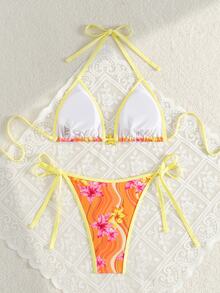 SHEIN Swim 女士夏季随意碎花细肩带褶边性感比基尼套装 - 彩色 - 查看 2