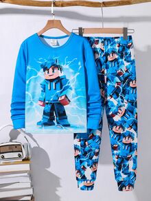 SHEIN 2 件儿童/青少年男童休闲日常舒适印花图案圆领宽松长袖睡衣套装，针织睡衣 - 彩色 - 查看 6