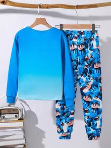 SHEIN 2 件儿童/青少年男童休闲日常舒适印花图案圆领宽松长袖睡衣套装，针织睡衣 - 彩色 - 查看 2
