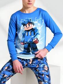 SHEIN 2 件儿童/青少年男童休闲日常舒适印花图案圆领宽松长袖睡衣套装，针织睡衣 - 彩色 - 查看 7