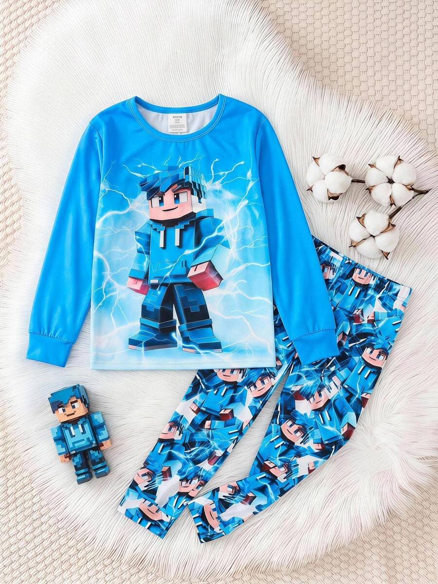 SHEIN 2 件儿童/青少年男童休闲日常舒适印花图案圆领宽松长袖睡衣套装,针织睡衣 - 彩色 - 查看 1