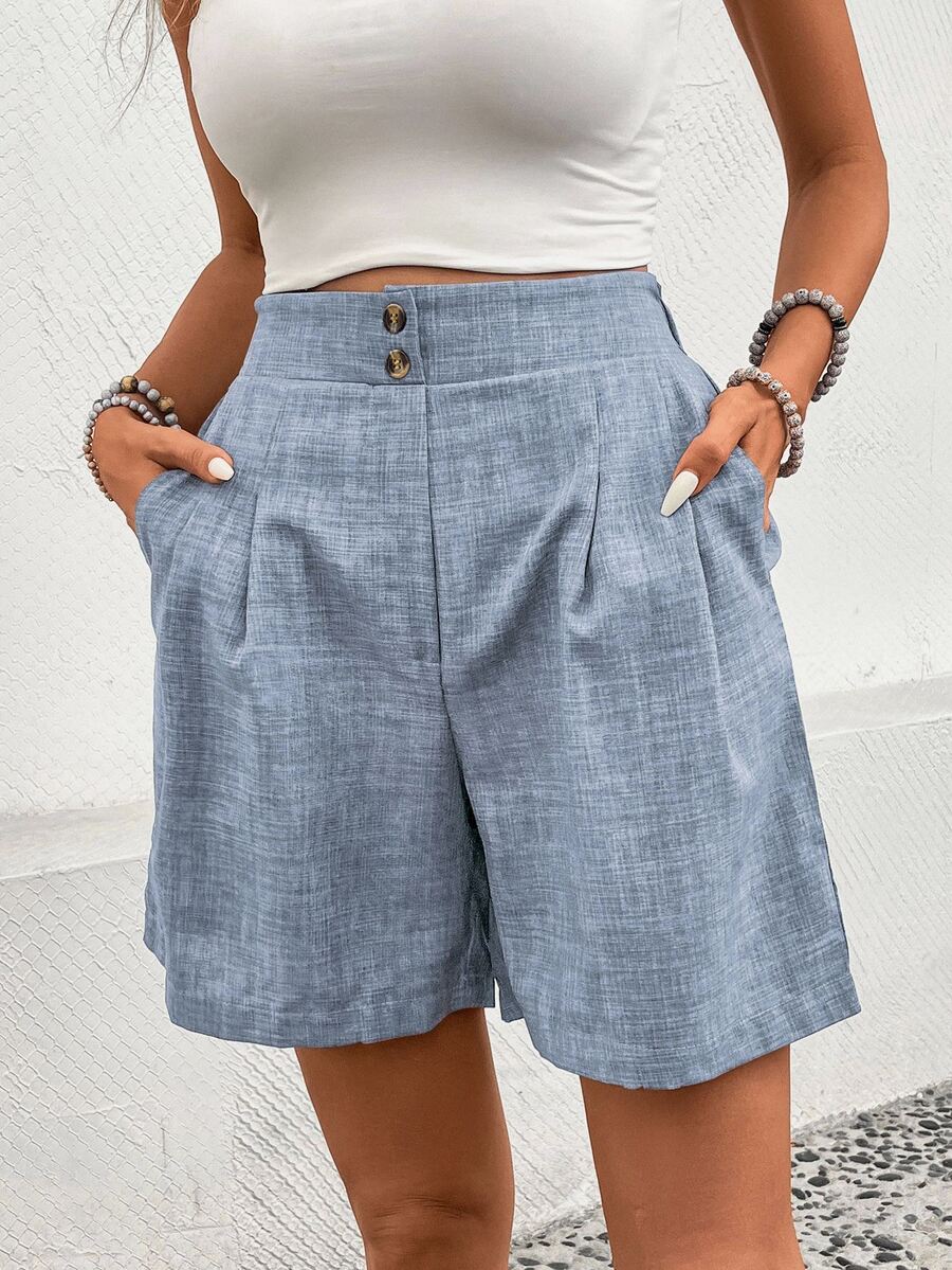 EMERY ROSE Pantalones cortos casuales de mujer con bolsillo y pliegues en unicolor - Celeste - Ver 1