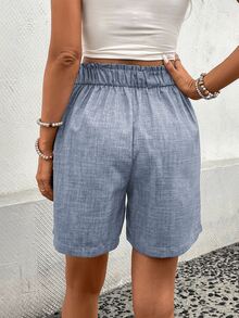 EMERY ROSE Pantalones cortos casuales de mujer con bolsillo y pliegues en unicolor - Celeste - Ver 2