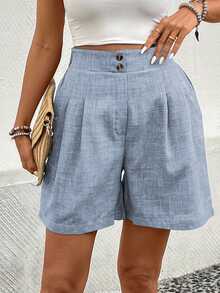 EMERY ROSE Pantalones cortos casuales de mujer con bolsillo y pliegues en unicolor - Celeste - Ver 5