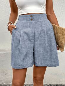 EMERY ROSE Pantalones cortos casuales de mujer con bolsillo y pliegues en unicolor - Celeste - Ver 6