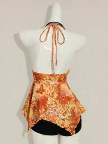 SHEIN ICON Print Asymmetric Hem Fashion Halter Neck Tank Top - Orange - View 2