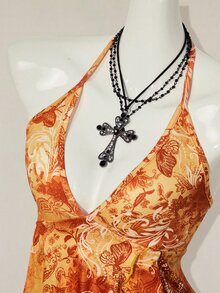 SHEIN ICON Print Asymmetric Hem Fashion Halter Neck Tank Top - Orange - View 9