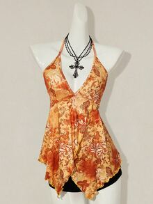 SHEIN ICON Print Asymmetric Hem Fashion Halter Neck Tank Top - Orange - View 6