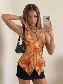 SHEIN ICON Print Asymmetric Hem Fashion Halter Neck Tank Top - Orange - View 3