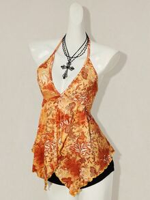 SHEIN ICON Print Asymmetric Hem Fashion Halter Neck Tank Top - Orange - View 5