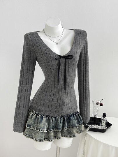 Elamini Women's Bow Decor V-Neck Long Sleeve Sweater