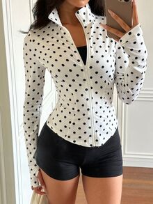 SHEIN EZwear 黑白波點女款長袖前拉鍊修身夾克 健身房秋季運動休閒街頭風 - 杏色 - 查看 7