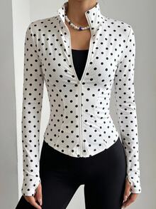 SHEIN EZwear 黑白波點女款長袖前拉鍊修身夾克 健身房秋季運動休閒街頭風 - 杏色 - 查看 9