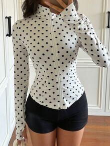 SHEIN EZwear 黑白波點女款長袖前拉鍊修身夾克 健身房秋季運動休閒街頭風 - 杏色 - 查看 6