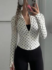 SHEIN EZwear 黑白波點女款長袖前拉鍊修身夾克 健身房秋季運動休閒街頭風 - 杏色 - 查看 11