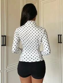 SHEIN EZwear 黑白波點女款長袖前拉鍊修身夾克 健身房秋季運動休閒街頭風 - 杏色 - 查看 2