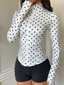 SHEIN EZwear 黑白波點女款長袖前拉鍊修身夾克 健身房秋季運動休閒街頭風 - 杏色 - 查看 4