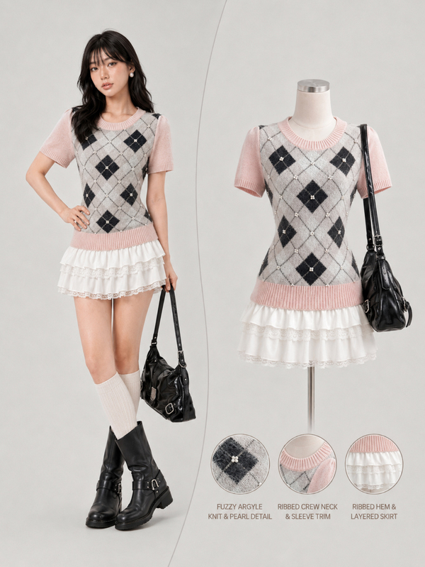 Elamini Knitted Argyle Pattern Crew Neck Short Sleeve Top, Preppy Style Knit Top, Spring/Summer Layering Or Standalone Women's Clothing