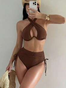 Swim SXY طقم بكيني نسائي بلون أحادي مع حمالة عنق وسلك داخلي، مناسب للصيف - بني - مشاهدة 3