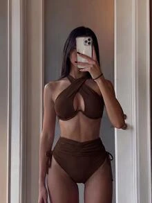 Swim SXY طقم بكيني نسائي بلون أحادي مع حمالة عنق وسلك داخلي، مناسب للصيف - بني - مشاهدة 6
