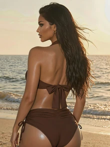 Swim SXY طقم بكيني نسائي بلون أحادي مع حمالة عنق وسلك داخلي، مناسب للصيف - بني - مشاهدة 2