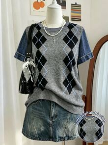 Lalippa New Retro 1950s Vintage 70s Collegiate Style Grey Plaid Short-Sleeved Shirt, Currently Popular, Fashionable, Sister Outfits School Summer - Multicolor - View 1