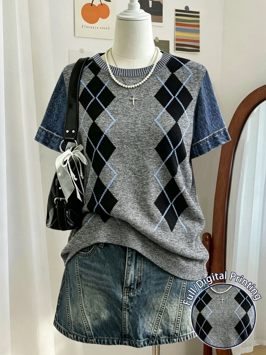 Lalippa New Retro 1950s Vintage 70s Collegiate Style Grey Plaid Short-Sleeved Shirt, Currently Popular, Fashionable, Sister Outfits School Summer - Multicolor - View 1
