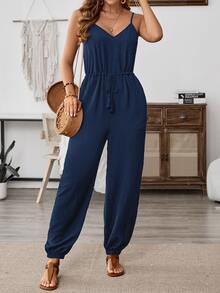 EMERY ROSE Women's Solid Color Knotted Pleated Casual Jumpsuit For Daily Wear Outfit Summer Petite Clothing Vacation With Pockets Comfy Navy Blue - Blue - View 4