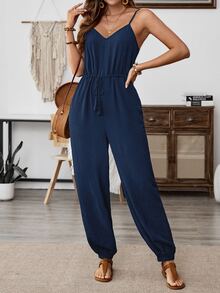 EMERY ROSE Women's Solid Color Knotted Pleated Casual Jumpsuit For Daily Wear Outfit Summer Petite Clothing Vacation With Pockets Comfy Navy Blue - Blue - View 1