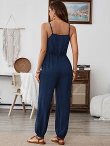 EMERY ROSE Women's Solid Color Knotted Pleated Casual Jumpsuit For Daily Wear Outfit Summer Petite Clothing Vacation With Pockets Comfy Navy Blue - Blue - View 7