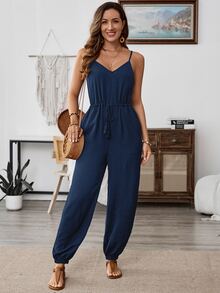 EMERY ROSE Women's Solid Color Knotted Pleated Casual Jumpsuit For Daily Wear Outfit Summer Petite Clothing Vacation With Pockets Comfy Navy Blue - Blue - View 3