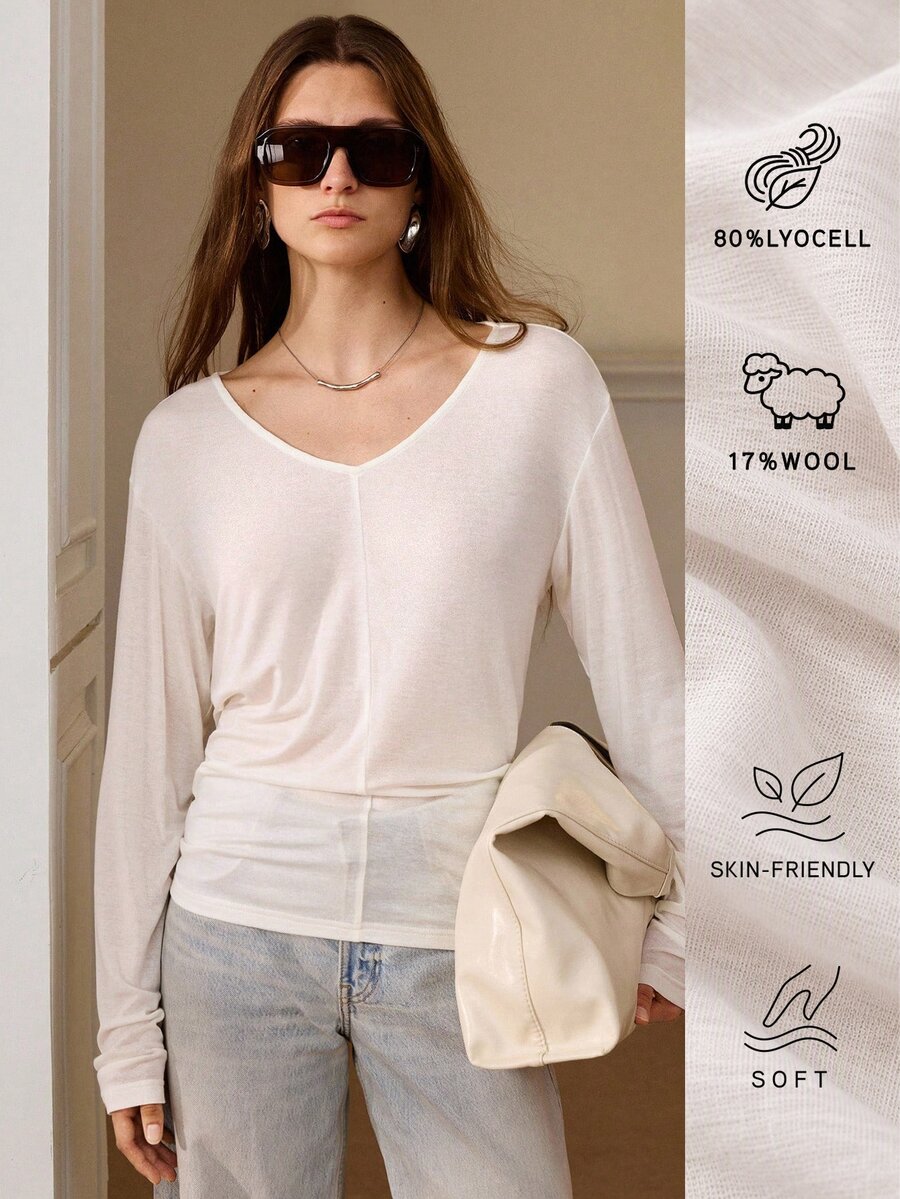 Anewsta Essential Autumn Valentine's Day Elegant Casual Minimalist V-Neck Women's Off-White Deep V-Sewn Wool Knitted Long-Sleeved Bottom Top Day Time Night