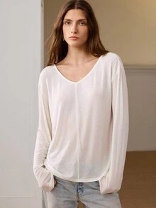 Anewsta Essential Autumn Valentine's Day Elegant Casual Minimalist V-Neck Women's Off-White Deep V-Sewn Wool Knitted Long-Sleeved Bottom Top Day Time Night - White - View 5