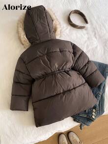 Young Girls Padded Coat, Casual Versatile All-Match Style, Brown Mid-Length Waist Cinched, Winter - Mocha Brown - View 3