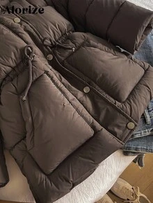 Young Girls Padded Coat, Casual Versatile All-Match Style, Brown Mid-Length Waist Cinched, Winter - Mocha Brown - View 6