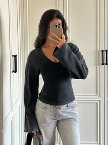 SHEIN EZwear 黑色針織女款V領落肩長袖休閒T恤，適合日常工作、白天與夜晚穿著，秋季款 - 黑色 - 查看 6