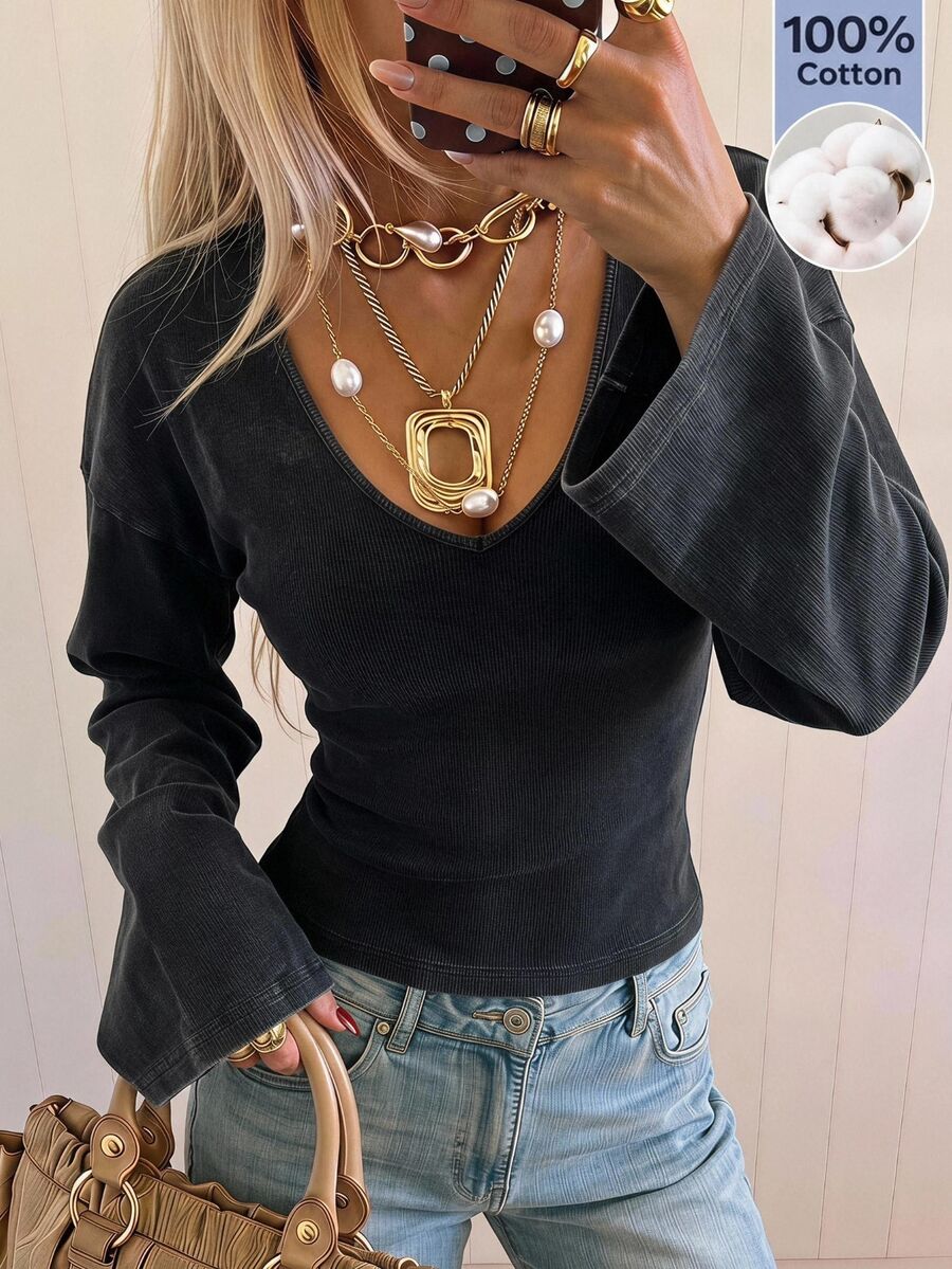 SHEIN EZwear 黑色針織女款V領落肩長袖休閒T恤,適合日常工作、白天與夜晚穿著,秋季款 - 黑色 - 查看 1