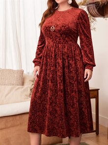 EMERY ROSE 大尺碼女款秋冬休閒優雅派對純色燈籠紅長袖洋裝，適合婚禮、聚會、節慶、秋季、聖誕節、約會之夜 - 鏽棕色 - 查看 10