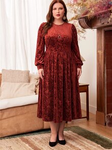 EMERY ROSE 大尺碼女款秋冬休閒優雅派對純色燈籠紅長袖洋裝，適合婚禮、聚會、節慶、秋季、聖誕節、約會之夜 - 鏽棕色 - 查看 11