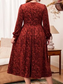 EMERY ROSE 大尺碼女款秋冬休閒優雅派對純色燈籠紅長袖洋裝，適合婚禮、聚會、節慶、秋季、聖誕節、約會之夜 - 鏽棕色 - 查看 9