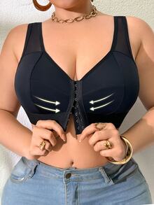 SHEIN Elacene Sujetador de cierre frontal de unicolor talla grande, adecuado para uso diario - Negro - Ver 1
