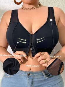 SHEIN Elacene Sujetador de cierre frontal de unicolor talla grande, adecuado para uso diario - Negro - Ver 4