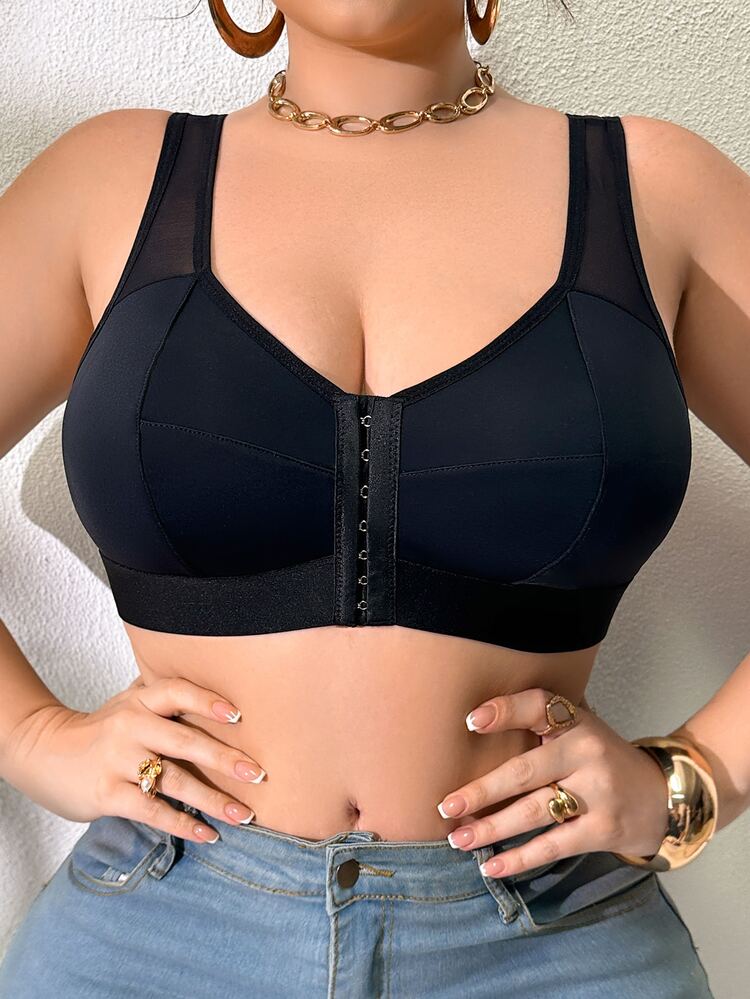 SHEIN Elacene Sujetador de cierre frontal de unicolor talla grande, adecuado para uso diario - Negro - Añade 5