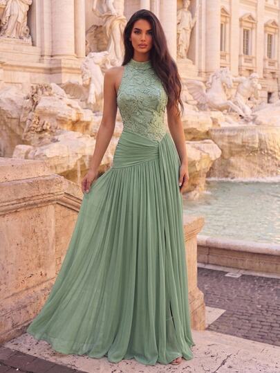 Glamrae Robe de soirée élégante et luxueuse vert herbe avec dentelle florale 3D, paillettes, patchwork brodé, maille élastique, froncée, fente haute, jupe ample pour mariage, fête en solo, vacances, congés, rassemblement, festival de musique, remise des diplômes, dîner