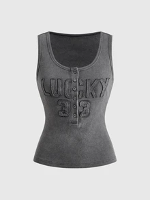 ACID BLVD Summer Spring Autumn Punk Street Y2K Hot Girl Henley Collar Letter Patch Embroidery Tank Top - Dark Grey - View 7