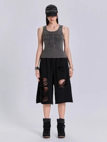 ACID BLVD Summer Spring Autumn Punk Street Y2K Hot Girl Henley Collar Letter Patch Embroidery Tank Top - Dark Grey - View 5