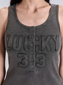 ACID BLVD Summer Spring Autumn Punk Street Y2K Hot Girl Henley Collar Letter Patch Embroidery Tank Top - Dark Grey - View 2