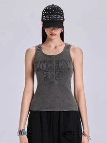 ACID BLVD Summer Spring Autumn Punk Street Y2K Hot Girl Henley Collar Letter Patch Embroidery Tank Top - Dark Grey - View 3
